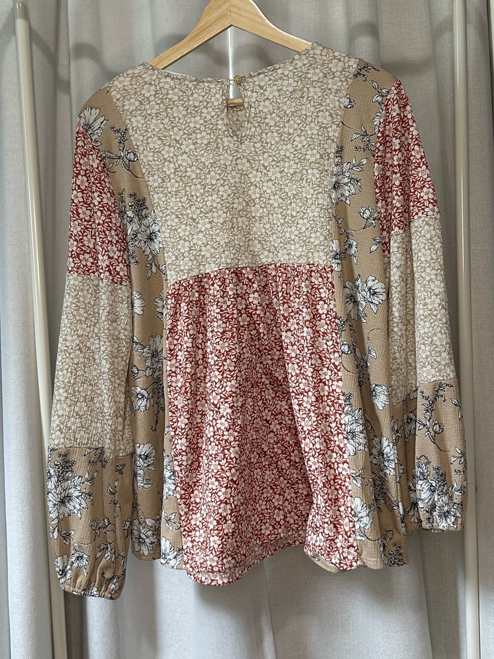 🍂CES FEMME Cottage Core Boho Patchwork Floral Peasant Top - Rust & Beige - Small - Picture 3 of 4